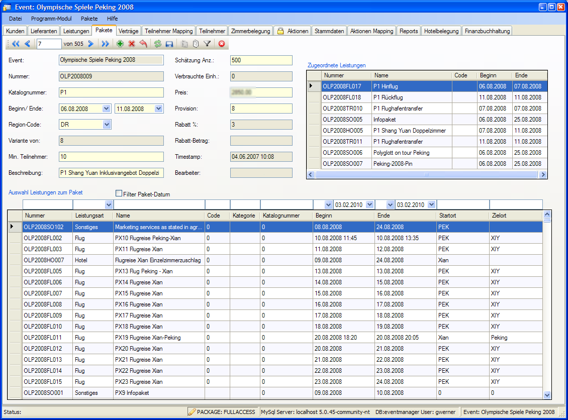 EventManager Screenshot: Pakete und Leistungen definieren